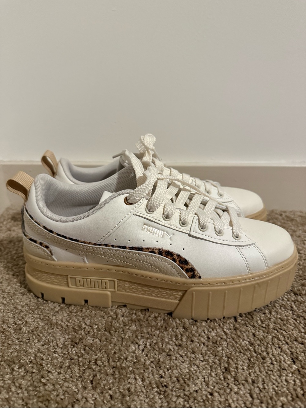 Puma White Sneakers with Tan Platform and Leopard Accent - Picture 2 of 4